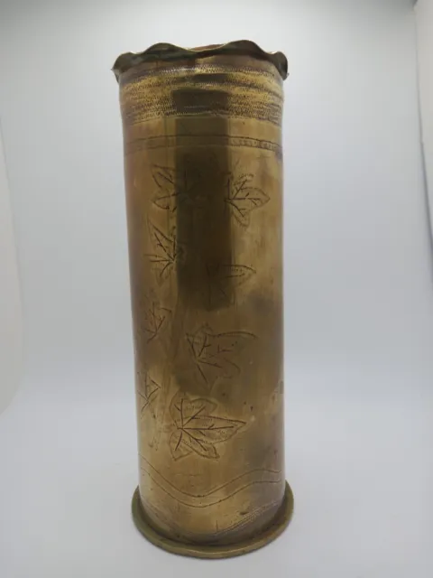 WWI Trench Art - German Artillery Shell, Floral Inlay And Shaped Rim, Dec. 1915