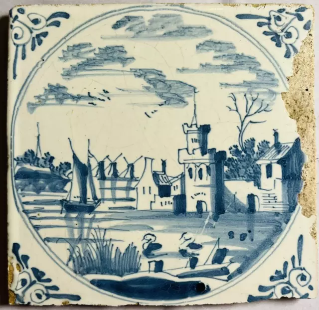 Antique 1700s Dutch Delft Blue and White Reclaimed Tile - Windmill Landscape A2