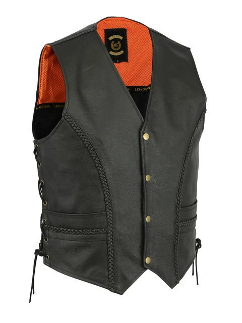 Nuovo da Uomo Intrecciato IN Pelle Moto Stile Biker Gilet Nero Lato Lacci