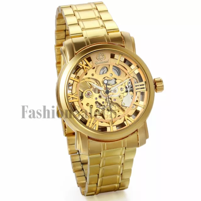 Luxury Men's Stainless Steel Skeleton Automatic Mechanical Wrist Watch Gold Gift