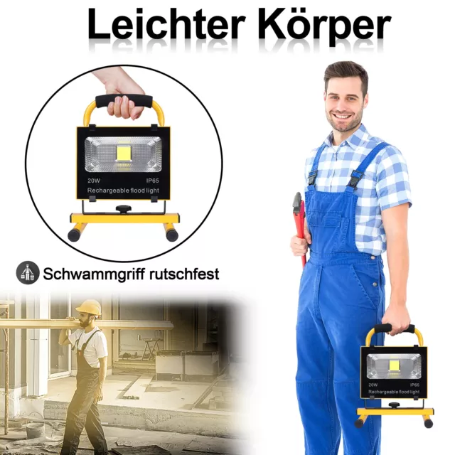 LED Akku Fluter Lampe Baustrahler Beleuchtung Außenlampe 20W Kaltweiß Strahler 3