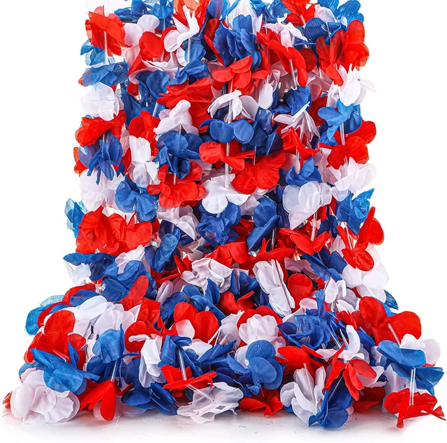 48 Pieces Blue Red and White Flower Leis 3.2 Feet Patriotic Plastic Flower Leis