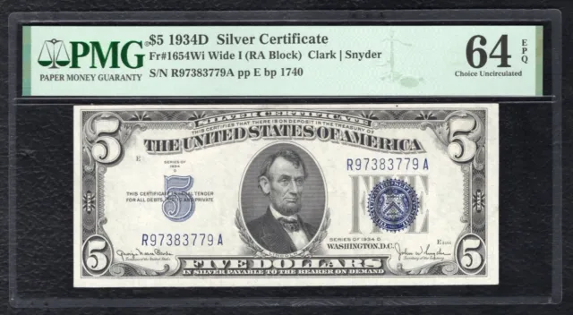 FR. 1654-Wi 1934-D $5 SILVER CERTIFICATE CURRENCY NOTE PMG UNCIRCULATED-64EPQ