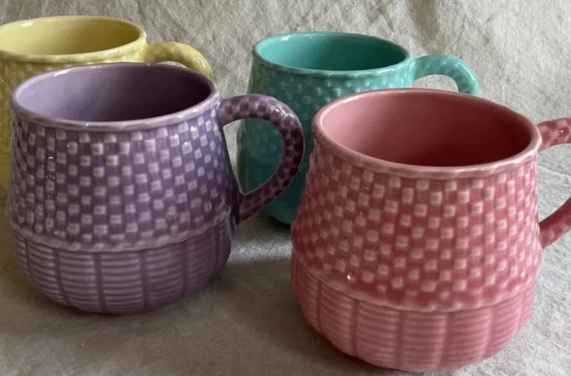 4 Bordallo Pinheiro Celebration Embossed Weave Basketweave mugs - Perfect!