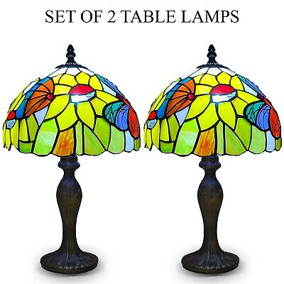 SET of 2 Butterfly Tiffany Style Table Lamp 10 inch Stained Glass Handcrafted UK