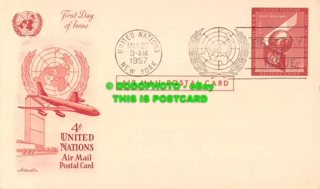 R498836 First Day of Issue. 4 United Nations. Air Mail Postal Card. Artmaster. 1