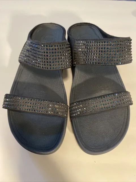 FitFlop Bling Womens 10 Flare Slide Sandals Crystals Blue Suede EUC
