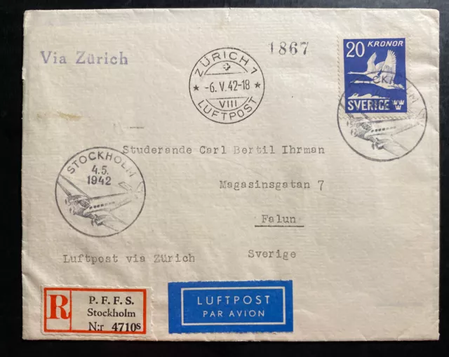 1942 Stockholm Sweden First Flight Airmail cover FFC To Zurich Switzerland