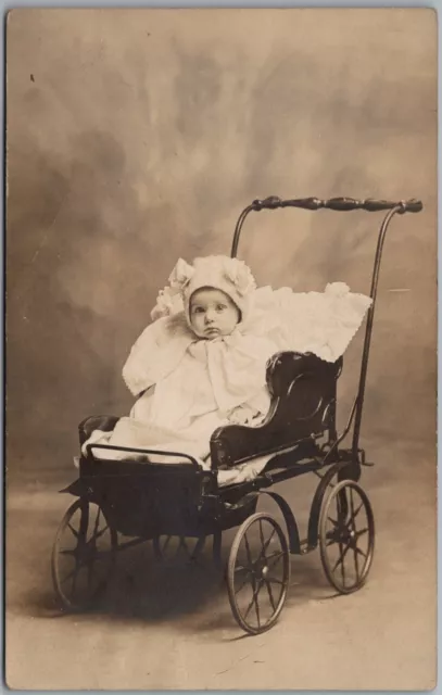 Cute Little Baby In Stroller/Buggy Real Photo RPPC Postcard B521