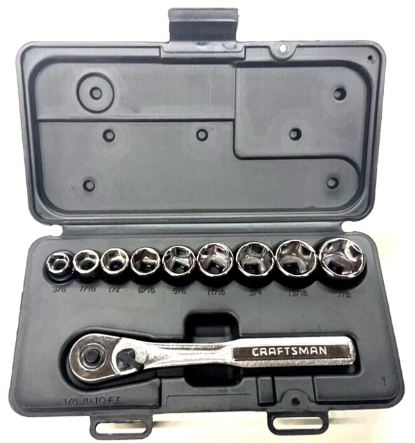 CRAFTSMAN TOOLS 3/8” DRIVE SAE SOCKET SET w/ RATCHET, #34553, USA