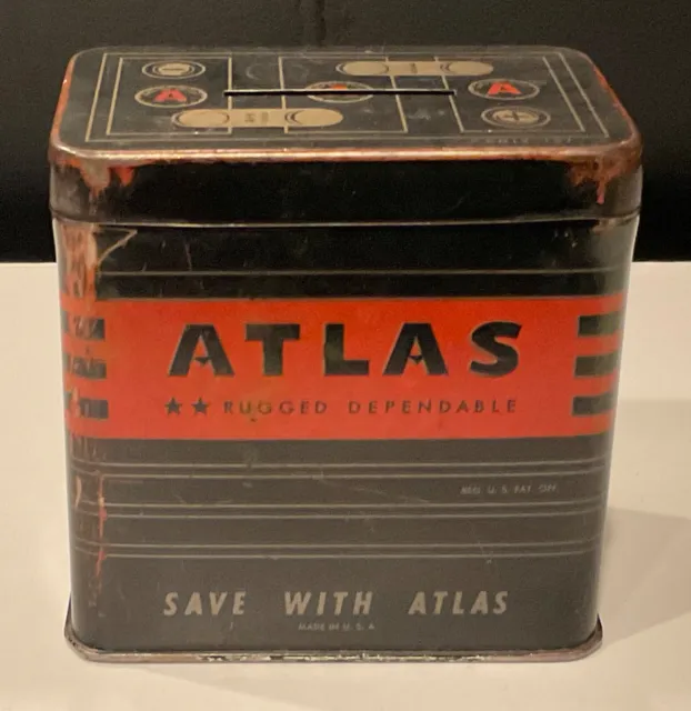 Vintage 1950s ATLAS BATTERY Tin Bank/Box COMPLETE W-Slotted Top Promo Item L@@K