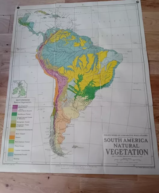 Philips Vintage Wall Atlas South America Vegetation Original  School Map