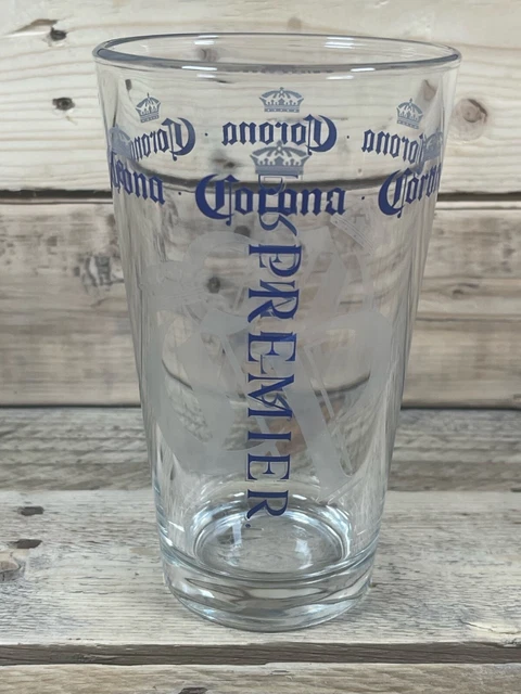Corona Premier Glass 16 Oz Blue White Frosted Engraved Crown Logo 6” Beer Cup