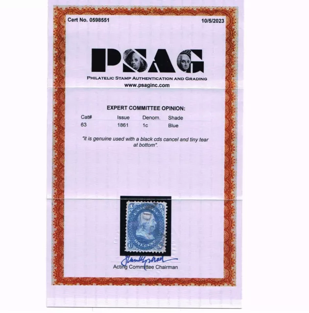 Very Affordable Genuine Scott #63 Vf-Xf Used 1861 Blue Ben Franklin Psag Cert