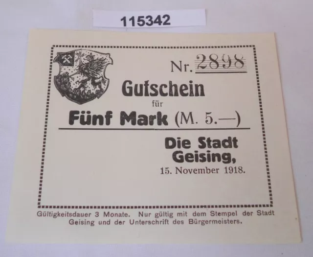 5 Mark Banknote Gutschein Notgeld Stadt Geising 15.November 1918 (115342)