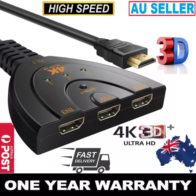 4K UltraHD 3 in 1 out HDMI Multi Display Auto Switch Box Splitter 1080P Cable AU