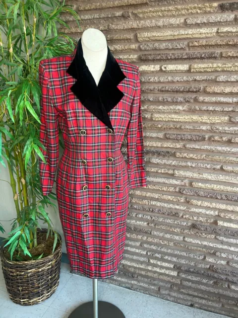 Talbots Albert Nipon Red Tartan Plaid Velvet Collar Coat Dress Size 10