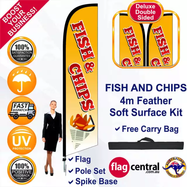 FISH AND CHIPS Deluxe Yellow 4m Feather Flag/Banner Kit with Spike *UV Protected