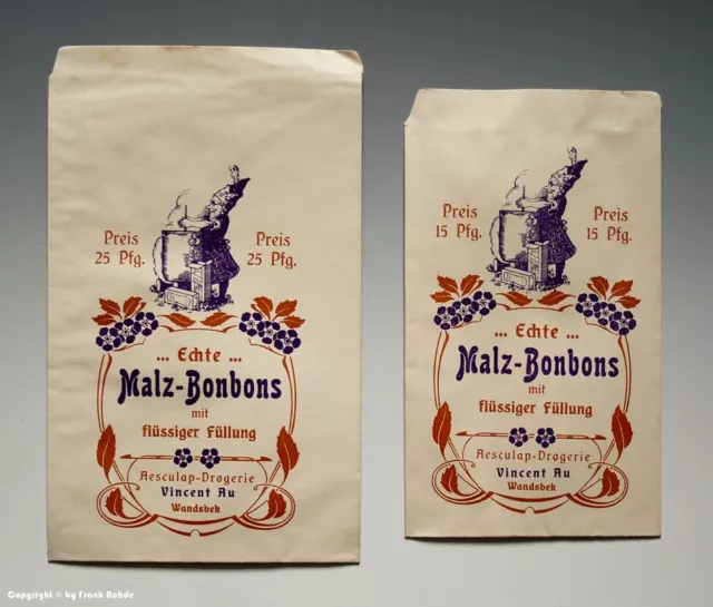 2 kleine LEERE Tüten aus Papier Echte Malz-Bonbons mit flüssiger Füllung um 1920