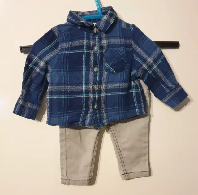 Primark Baby Boys 0-3 Months Blue Plaid Collared Shirt & Grey Denim Jeans Outfit