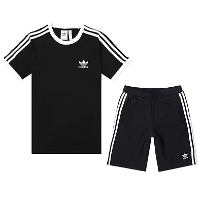 Adidas Originals Uomo 3 Righe Coordinato Completo Set Cotone Nero T-Shirt