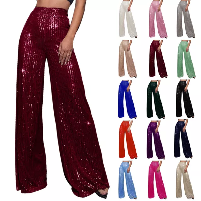 Women's Contrast Sequin High Waist Wide Leg Party Clubwear Long Pants Trousers