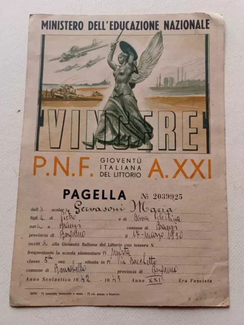 Pagella Fascista Della Gioventu' Italiana Del Littorio Roncobello Bergamo 1942