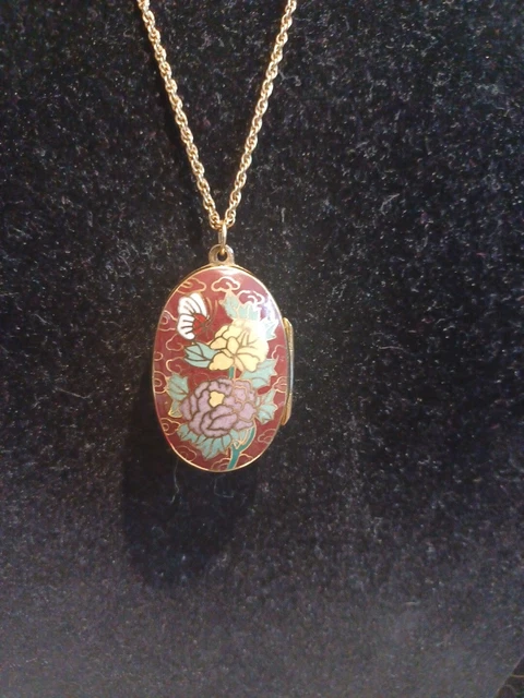 Vintage Oriental Goldplated Cloisonne Enameled Locket Pendant Long Necklace