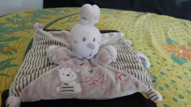 doudou plat nicotoy  lapin ABC  noeud aux oreilles;coeur,lapin, marron