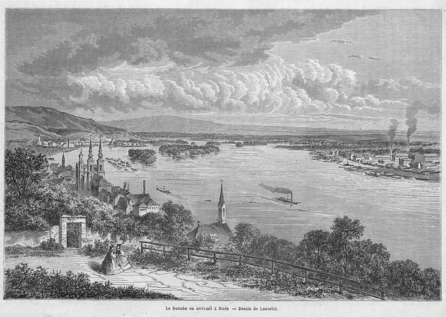 Budapest " Le Danube A Bude " Dessin Lancelot Gravure Engraving 1864