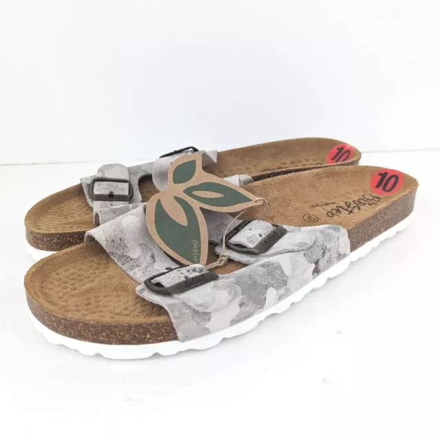 BioStep Comfort Slide Sandal Leather Buckles Cork Footbed Gray Camo Women 10 NEW