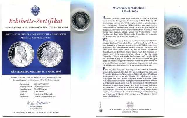 Silbermedaille "Württemberg - 5 Mark 1894" in Kapsel mit Zertifikat