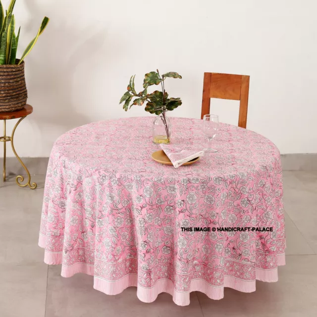 Indien Floral Bloc Coton Imprimé Nappe Rond Rose 4,6,8 Place Table Housse