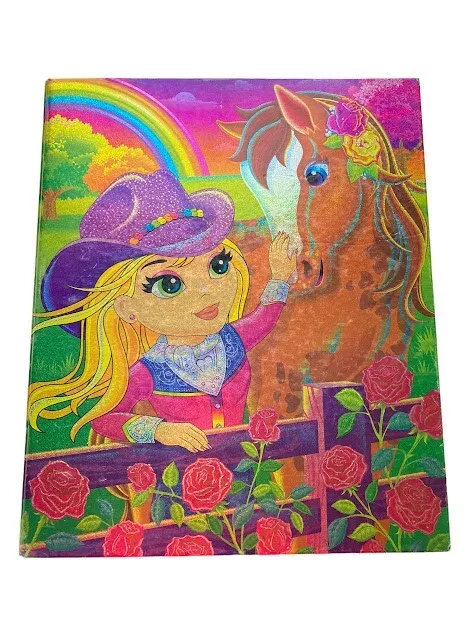 Lisa Frank Vintage 3 Ring Binder Cheyenne Cowgirl Pony Rose Rainbow Iridescent