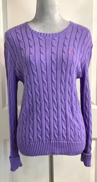 Polo Ralph Lauren Cable-Knit Jumper Womens Sz L Purple Crew Neck Sweater Preppy.