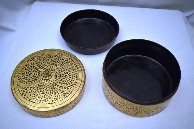Antique Burmese Betel Nut Box Gilt Lacquerware Myanmar Floral Gold Painted Old"4 7