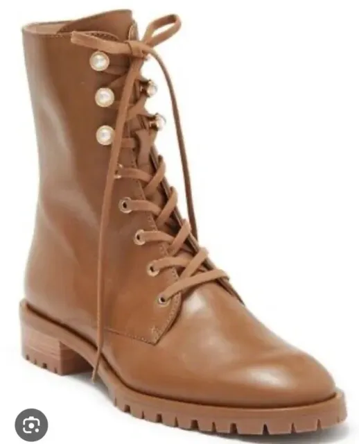 Stuart Weitzman Laine Pearl Leather Combat Boots Camel Brown size 8