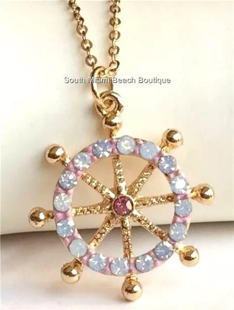 Ship Wheel Necklace 19" Nautical Boat Crystal SailBoat Beach Island Gold Plated