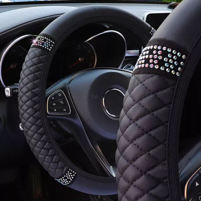 Black Leather Diamond Bling Car Steering Wheel Cover Car Accessories Universal