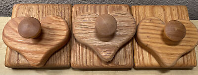 Vintage Set 3 Raw Wood Heart Quilt Wood Wall Holder Compression Hangers Oak 4”