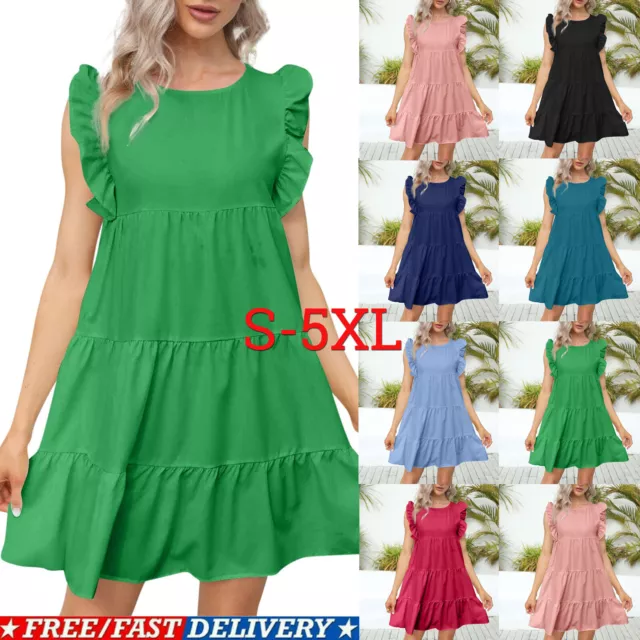 Women's Sleeveless Mini Dress Ladies Ruffle-Trim Cotton Beach Sundress Plus Size