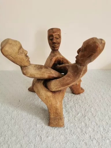 Vintage Sculpture Treen Ghana Hand Carved Linking Trio Of Men Wooden Tripod Bowl