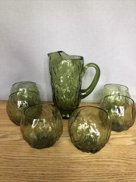 Vtg Green Morgantown Seneca Driftwood Crinkle ROLY POLY Glasses & Pitcher - Nice