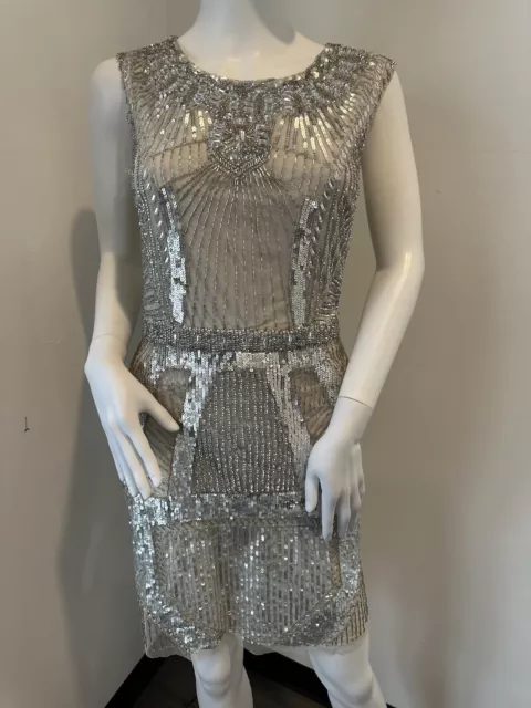 Aiden Maddox Silver Beaded Sequin Dress Cocktail Mini Size 4