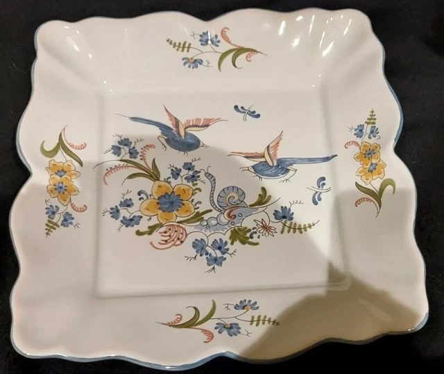 France Poterie a la Chapelle des Pots Blue Birds Floral Square Platter 17100.