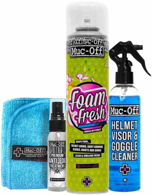 Muc Off Helmet Care Kit Helm Pflege Set mit Schaum, Reiniger, Antifog und Tuch