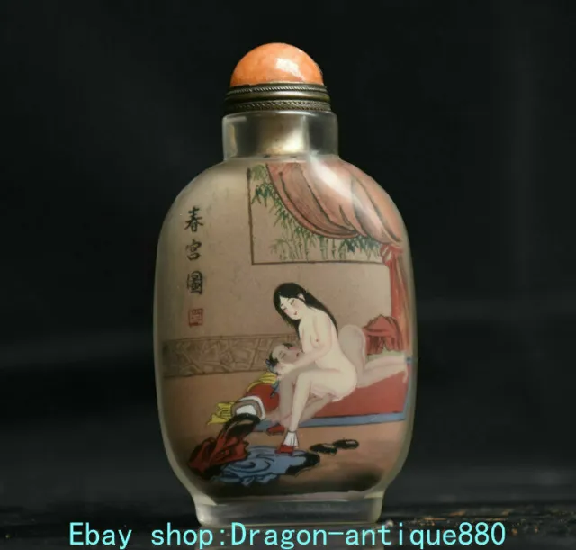 3.6" Marked china glass Inside Hand Painted man woman love words Snuff Bottle