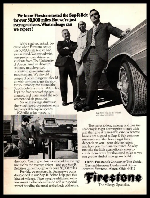 1970 Firestone Tire Sup-R-Belt Tires "50,000 Mile Road Test" Vintage Print Ad