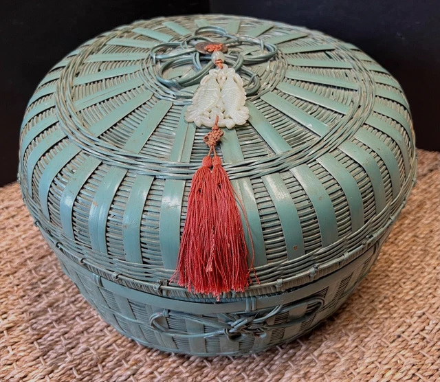 Antique Chinese Sewing Basket Jade Fish Pendant, Coin, Tassel, Large, Green