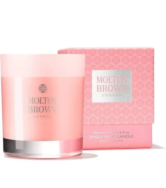 Molton braune Kerze köstlicher Rhabarber & Rose einzelner Docht 180g Geschenkbox rosa neu